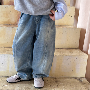 依依妈男童复古砂洗牛仔裤儿童秋装裤子宝宝一粒扣拼接直筒休闲裤