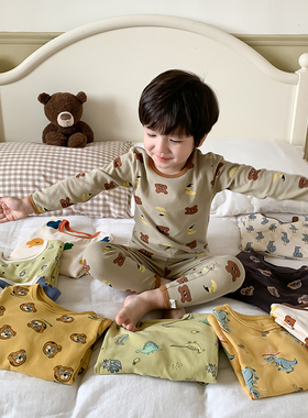 男童睡衣女童家居服无骨儿童秋冬装A类纯棉羊毛拉架秋衣秋裤套装