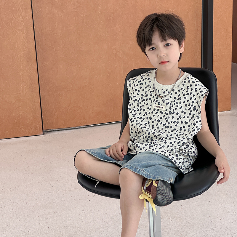 依依妈男童豹纹水洗全棉无袖背心