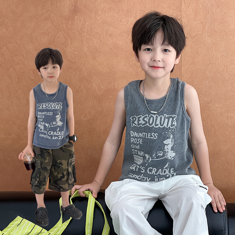 依依妈男童砂洗全棉字母无袖背心