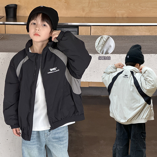 依依妈男童加绒字母拼色冲锋衣儿童秋冬装上衣宝宝宽松休闲外套潮