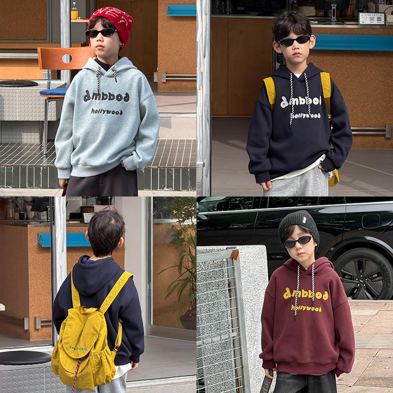 依依妈男童加厚加绒字母连帽卫衣