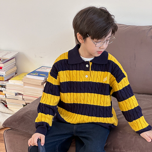 依依妈男童加厚翻领polo毛衣儿童冬装宝宝拼色条纹刺绣针织打底衫