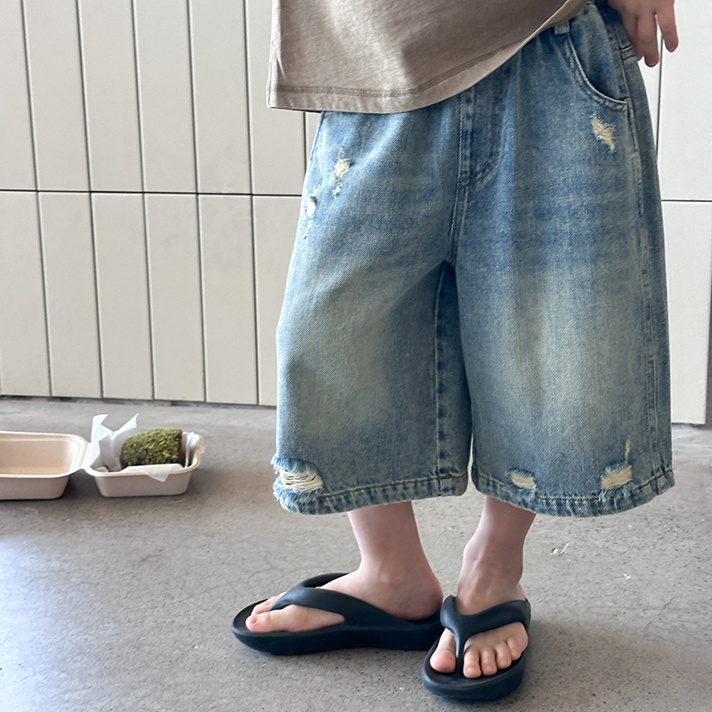 依依妈男童砂洗破洞牛仔五分裤儿童夏装薄款宝宝宽松直筒休闲短裤