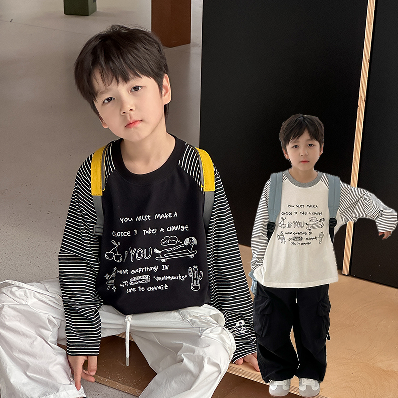 依依妈男童字母条纹袖擦肩t恤