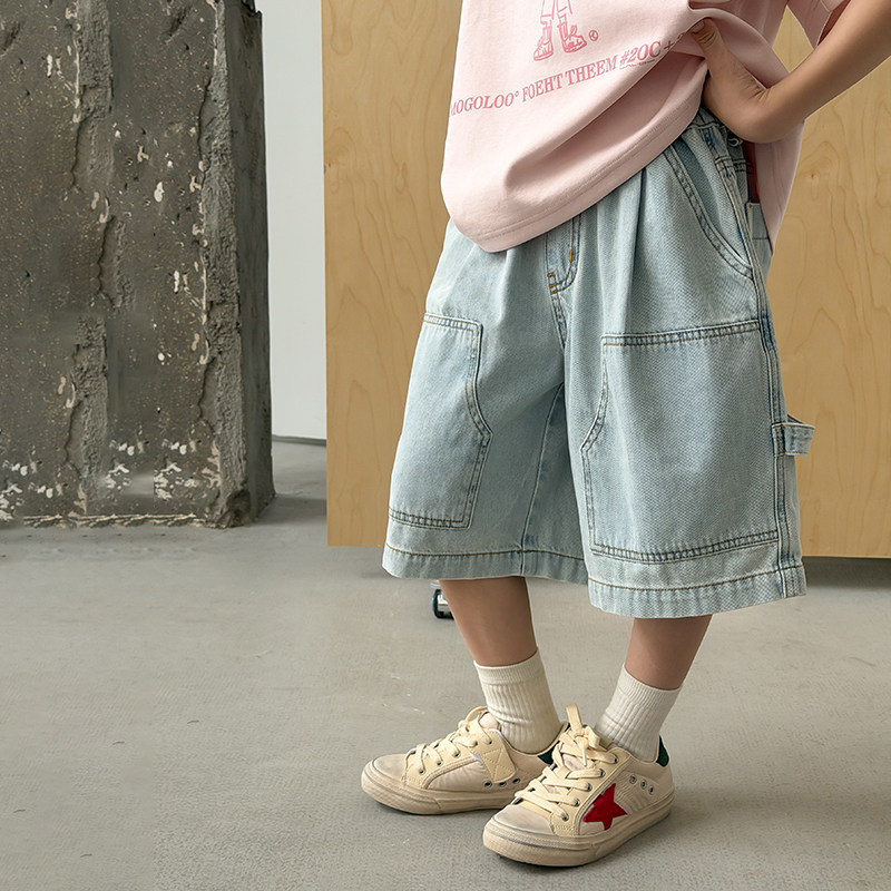 依依妈男童拼接复古砂洗牛仔短裤儿童夏装薄款宝宝宽松直筒五分裤