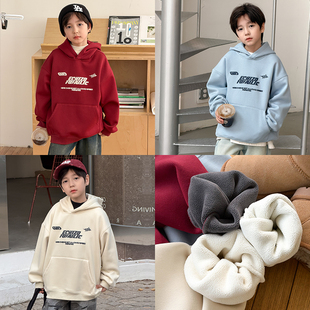 依依妈男童字母加绒连帽卫衣儿童冬装拜年服奥粒绒宝宝休闲上衣潮