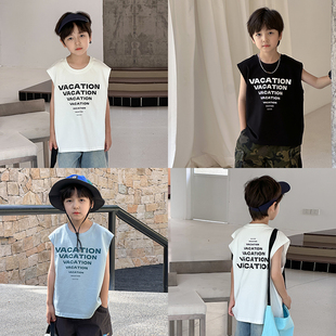 清仓！男童水洗全棉破洞背心字母印花儿童夏装薄款宝宝宽松打底衫