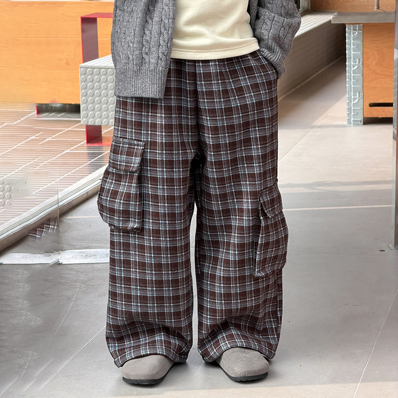 男童可束脚加绒格子工装休闲裤