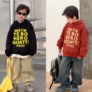 依依妈男童字母加绒连帽卫衣儿童冬装宝宝拜年服复合奥粒绒打底衫