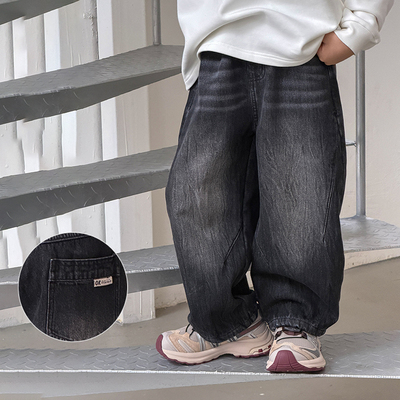 男童加绒拼接水洗磨白牛仔裤