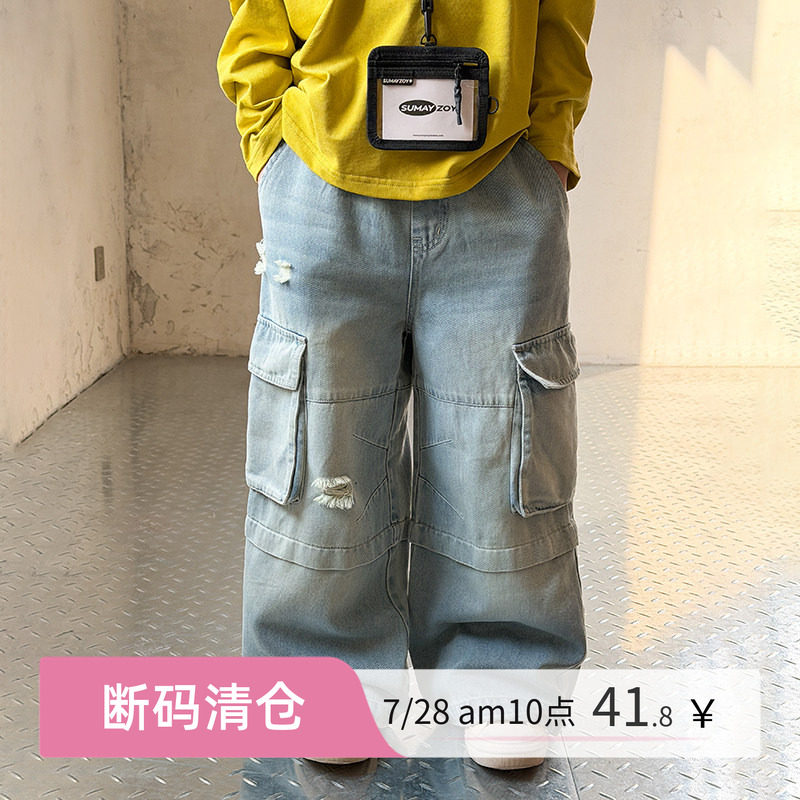 男童复古直筒破洞工装牛仔裤图片