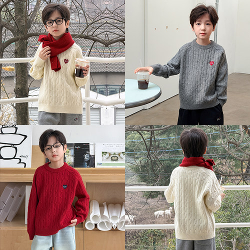 男童加厚麻花刺绣爱心针织毛衣