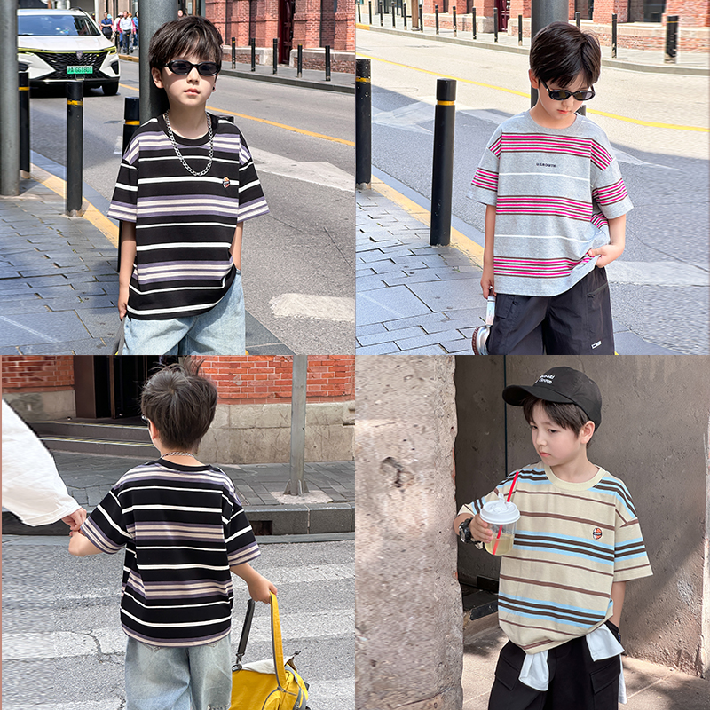 男童刺绣彩条纹全棉短袖t恤