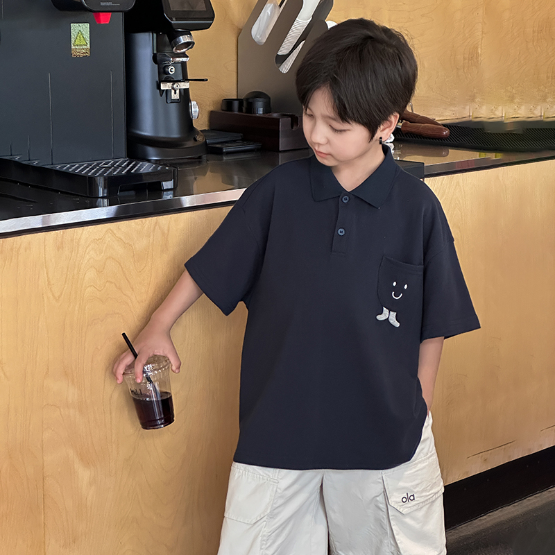 男童笑脸刺绣全棉polo衫短袖t恤
