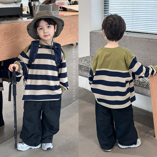 依依妈男童拼色条纹圆领卫衣