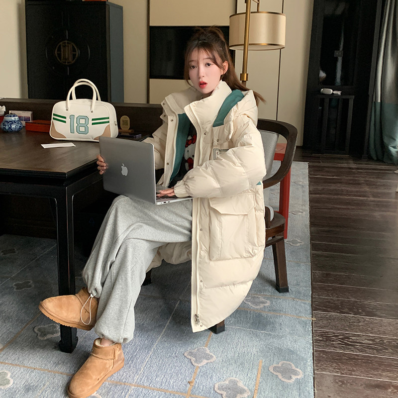 新款冬季90白鸭绒中长款韩版拼色连帽米白羽绒服P310K469,女装羽绒服,2C311