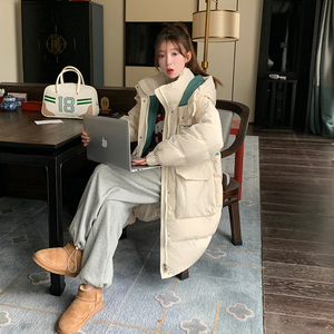 新款冬季90白鸭绒中长款韩版拼色连帽米白羽绒服P310K469图片