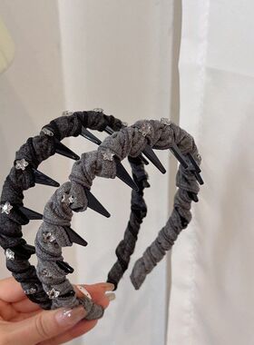 复古灰色小香风高颅顶星星水钻发箍女高级感时尚发卡带齿波浪头箍