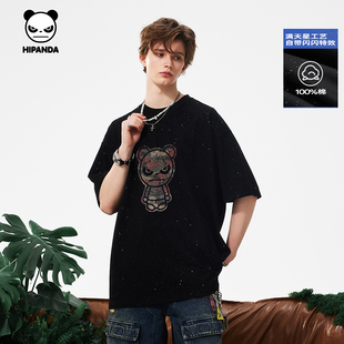 新款 Hipanda你好熊猫个性 体恤2025夏季 闪钻纯棉短袖 T恤C 迷彩美式