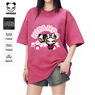 T恤情侣2025夏款 纯棉短袖 体恤C 玫粉个性 Hipanda你好熊猫潮牌美式