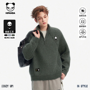 Hipanda你好熊猫潮牌重磅半拉链立领毛衣男2025冬新款时髦针织衫C