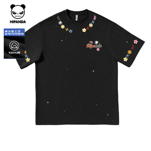 新款 情侣2025夏季 T恤C 复古烫钻短袖 Hipanda你好熊猫小众潮牌美式