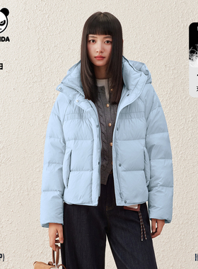 Hipanda你好熊猫短款白鸭绒羽绒服女保暖面包服浅蓝色2025冬季款
