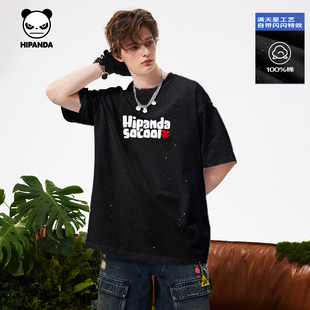 新款 Hipanda你好熊猫满天星闪钻双纱平纹纯棉短袖 T恤男2025夏季