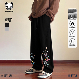 新款 Hipanda你好熊猫潮牌个性 男2025冬季 加绒休闲裤 小众宽松美式