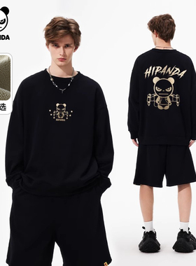 Hipanda你好熊猫黑金高级感圆领加绒卫衣潮牌情侣上衣2025冬重磅