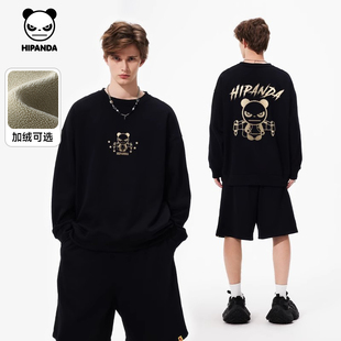 Hipanda你好熊猫黑金高级感圆领加绒卫衣潮牌情侣上衣2025冬重磅