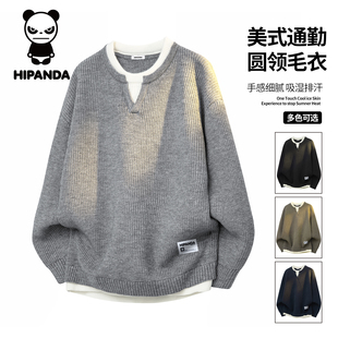 HiPanda你好熊猫秋冬季假两件毛衣男士新款潮牌V领针织套头上衣GH
