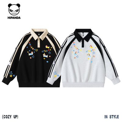 Hipanda你好熊猫潮牌原创设计感翻领拼色卫衣情侣2025秋新款上衣C