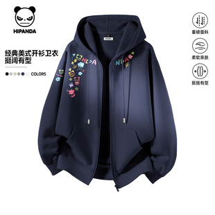 Hipanda你好熊猫重磅美式宽松复古连帽开衫外套男2026春新款夹克