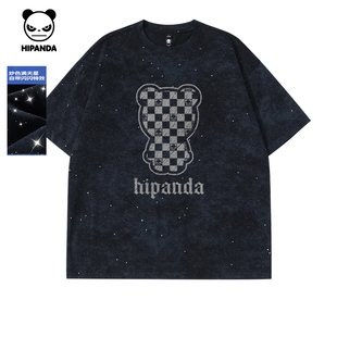 新款 T恤2025夏季 体恤C 潮牌烫钻棋盘格男短袖 Hipanda你好熊猫美式