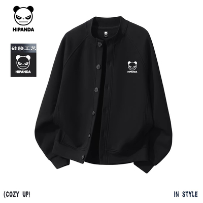 Hipanda你好熊猫美式宽松棒球领开衫卫衣男加绒外搭2026春季新款