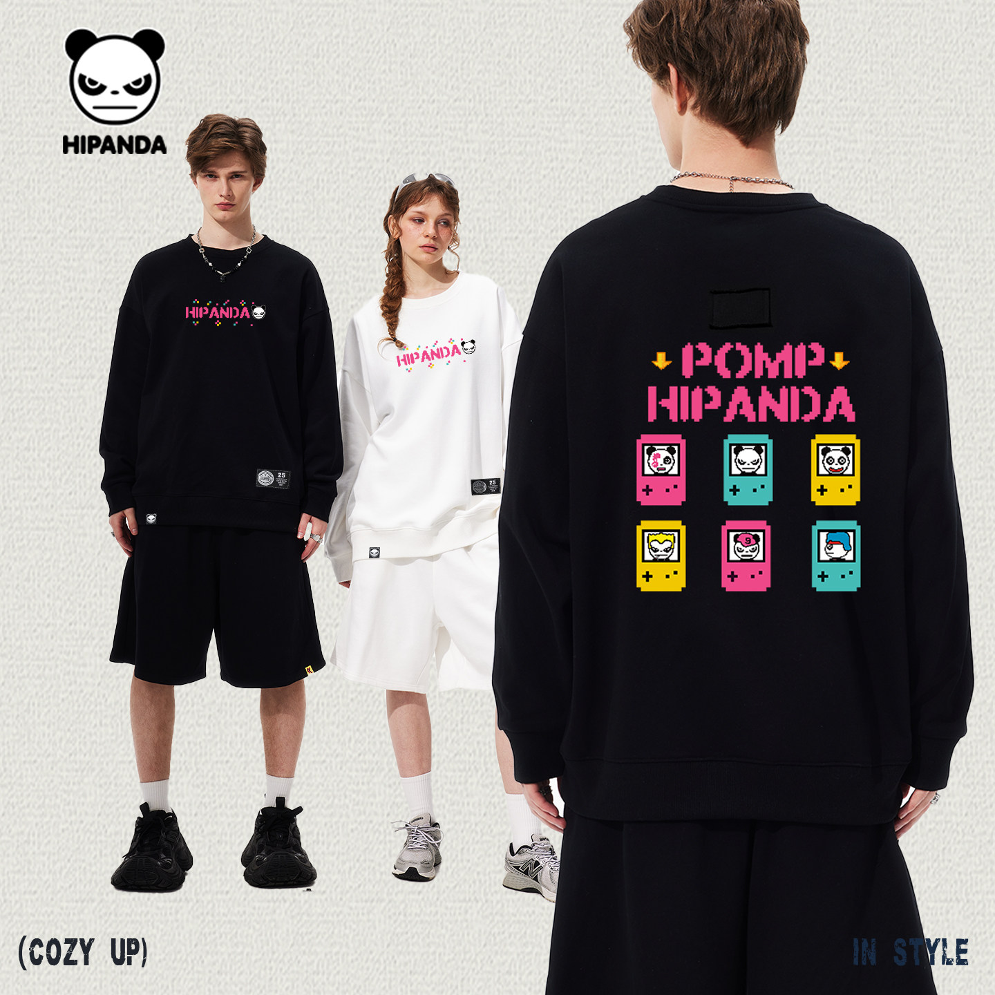 Hipanda你好熊猫趣味游戏机双面印花小毛圈圆领卫衣男2025秋新款