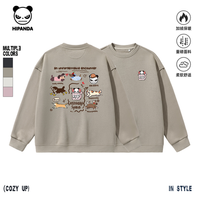 Hipanda你好熊猫460g重磅加绒保暖卡通动物圆领卫衣2025秋冬新款