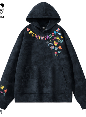 Hipanda你好熊猫复古设计感个性蜡染连帽情侣卫衣2025秋新款帽衫