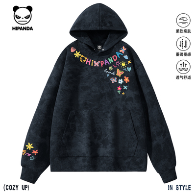 Hipanda你好熊猫复古设计感个性蜡染连帽情侣卫衣2025秋新款帽衫