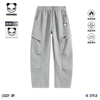 Hipanda你好熊猫加绒设计感工装裤男2025冬保暖奥利绒弯刀休闲裤