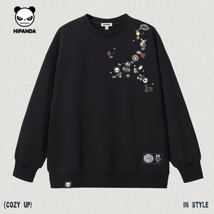 Hipanda你好熊猫个性日常时尚小毛圈加绒圆领卫衣男2026冬季新款