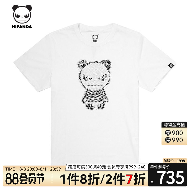Hipanda你好熊猫设计潮牌男款熊猫施华钻短袖Tshirt 休闲上衣T恤