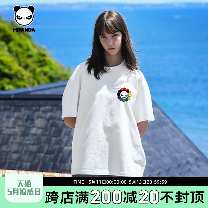 Hipanda你好熊猫时尚潮牌个性短袖纯棉T恤男2024夏款情侣白色潮t-封面