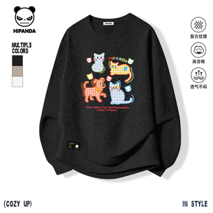 新款 T恤情侣2026春季 蜡染长袖 Hipanda你好熊猫复古纹理卡通个性