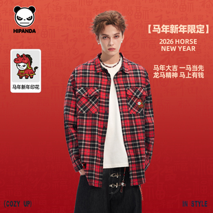 Hipanda你好熊猫马年限定新款潮翻领格纹衬衫男女2026本命年开衫C