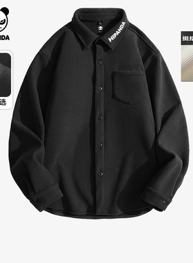 Hipanda你好熊猫潮牌情侣加绒衬衫外套重磅灯芯绒长袖开衫2025冬