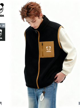 Hipanda你好熊猫复古撞色贴袋马甲男保暖时尚无袖坎肩2025冬新款C