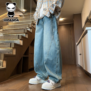 HiPanda你好熊猫秋冬季弯刀牛仔裤男士宽松直筒美式阔腿休闲裤GH